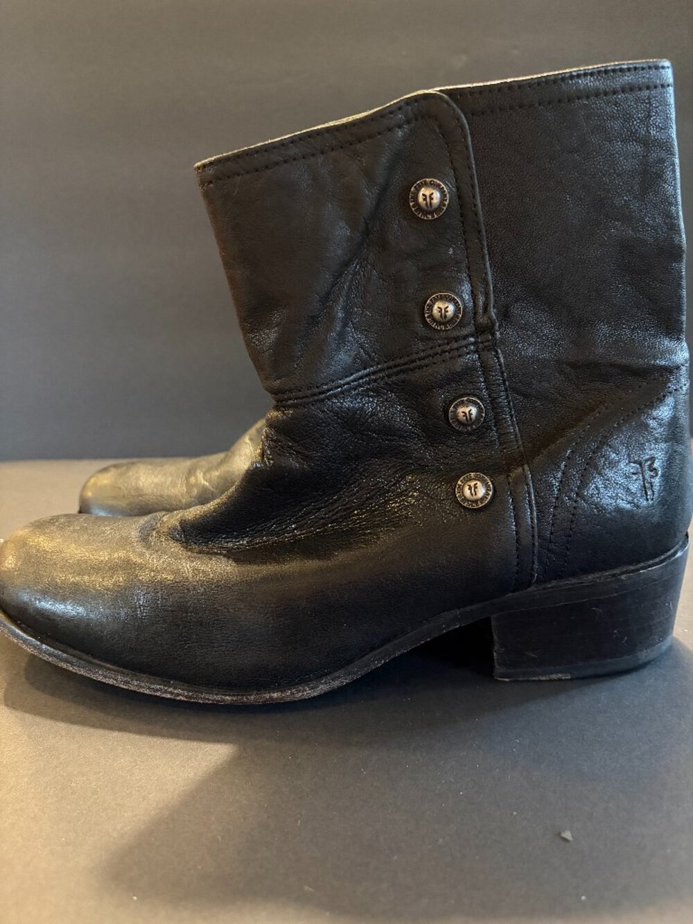 Vintage Women's Black Leather Frye Boots with Snap Detail Size 10